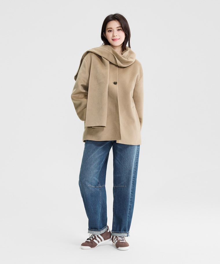 仿毛呢附圍巾無領短大衣-女