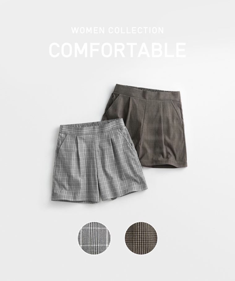 彈力格紋打褶短褲-女