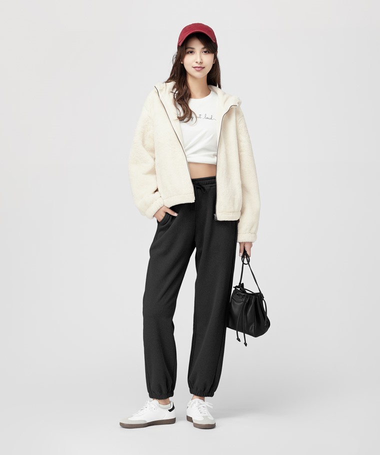 Fleece寬版束口長褲-女