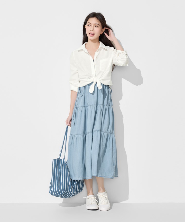精選女裝推薦：女 · 細肩牛仔蛋糕洋裝,女 · 棉麻長版襯衫,女 · 素色短襪(3入)
