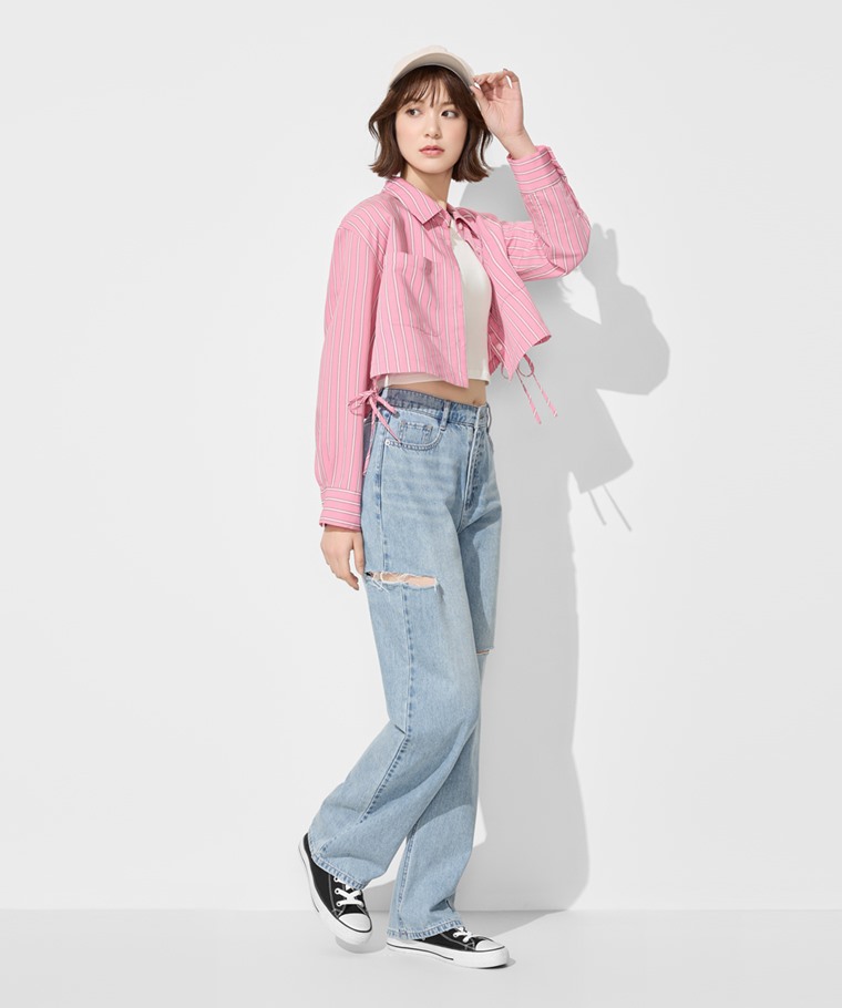 輕量高腰刷破落地牛仔褲-女