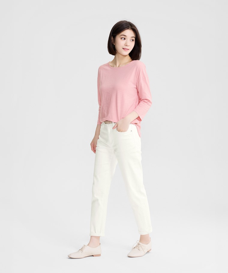 竹節棉船領七分袖上衣-女