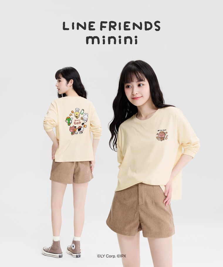 LINE FRIENDS minini寬短版落肩長袖印花T恤-03-女