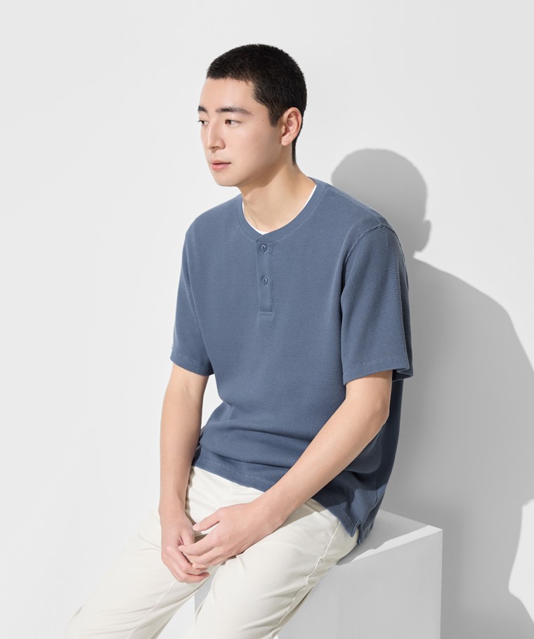 華夫格亨利領寬版T恤-男