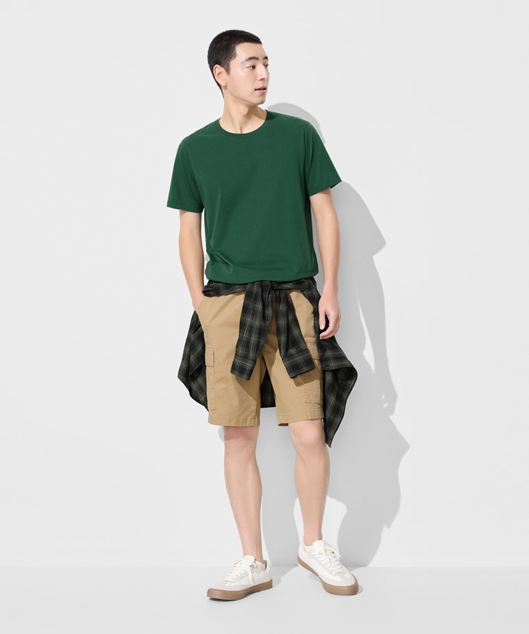 春夏男裝新品：男 · 純棉圓領T恤,男 · 格紋長袖襯衫,男 · 素色踝襪(3入),男 · 鬆緊工裝短褲