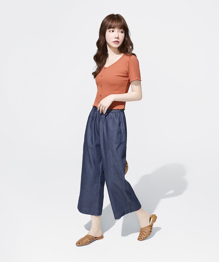 羅紋V領鈕釦T恤-女