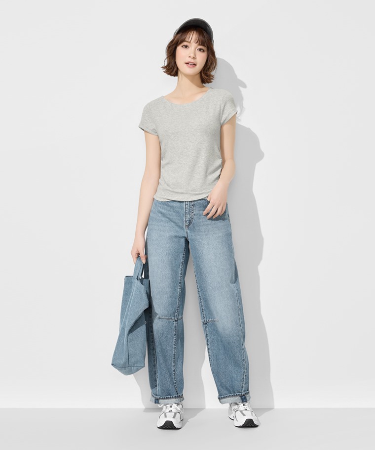 輕柔彈力寬領抽皺T恤-女