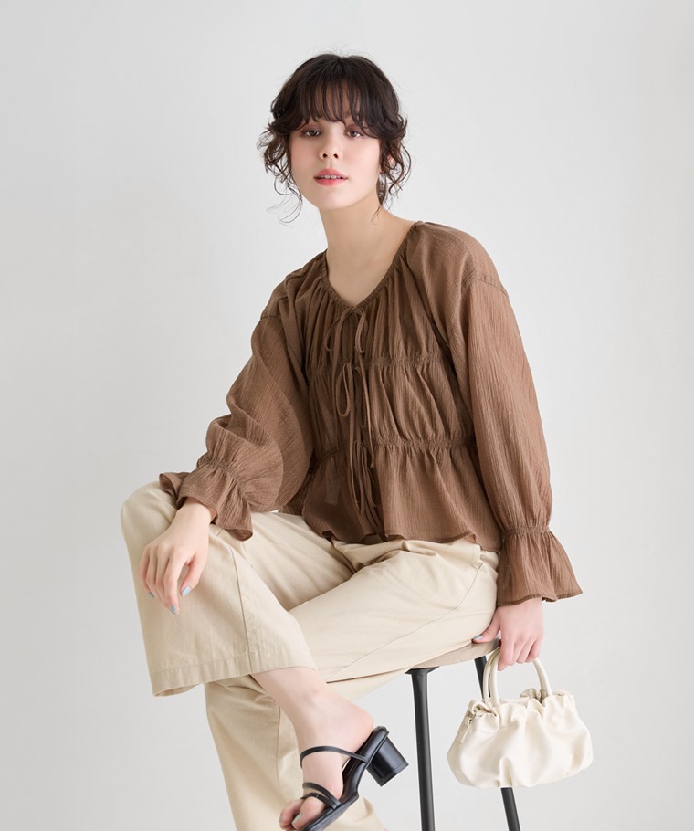 透膚細褶短版綁帶上衣-女