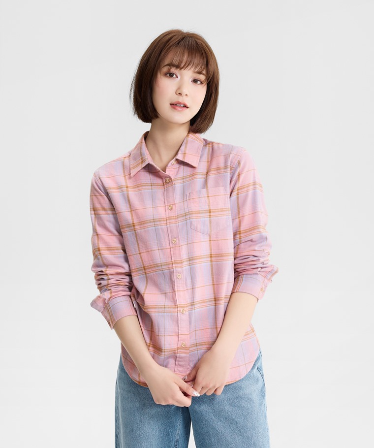 法蘭絨格紋長袖襯衫-女