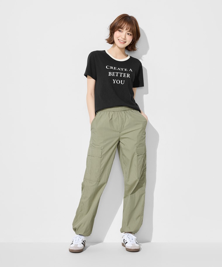 竹節棉配色文字T恤-女