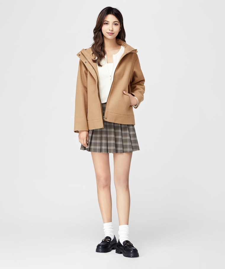 仿毛呢連帽短大衣-女