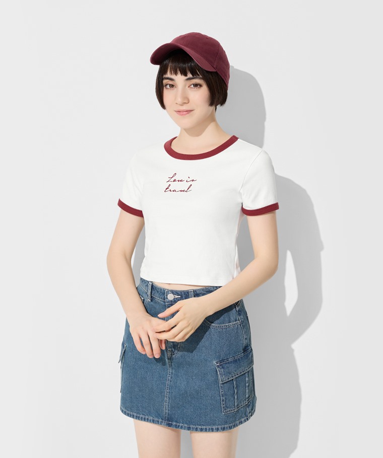 純棉羅紋配色文字電繡T恤-女