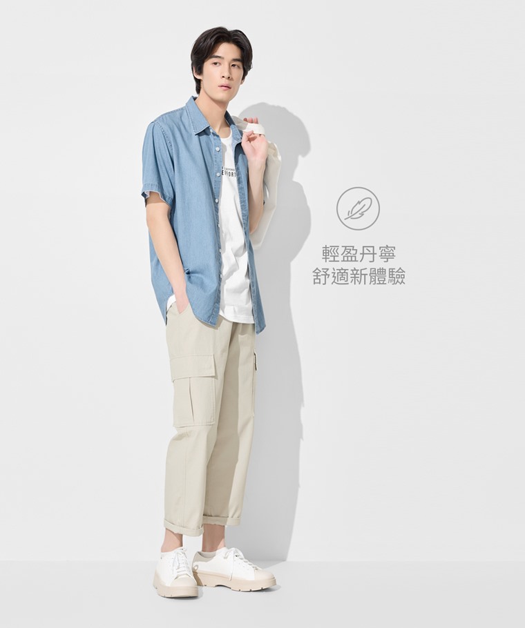 輕型牛仔短袖襯衫-男