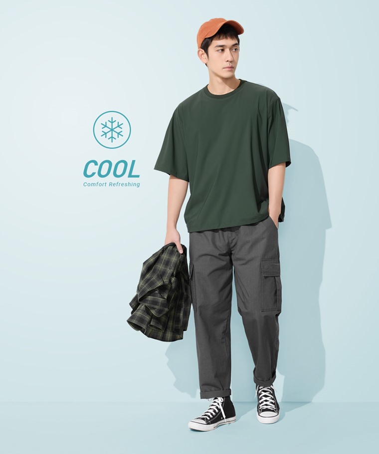 涼感彈力寬版抽繩T恤-男