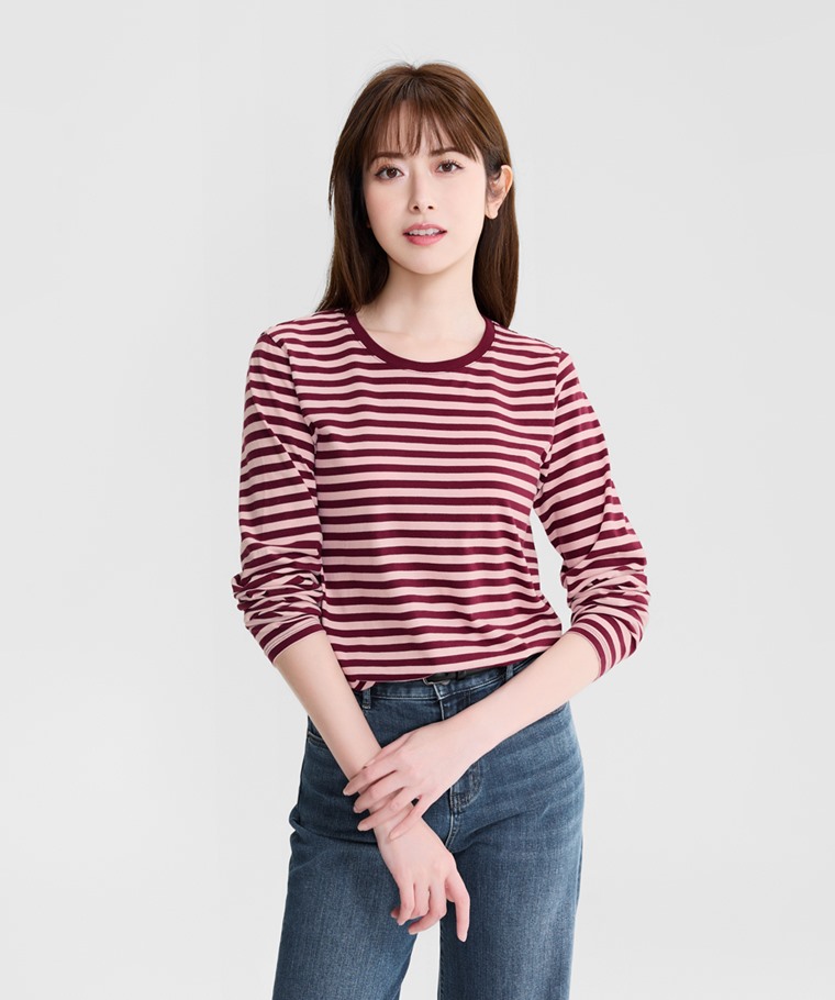 純棉條紋長袖T恤-女