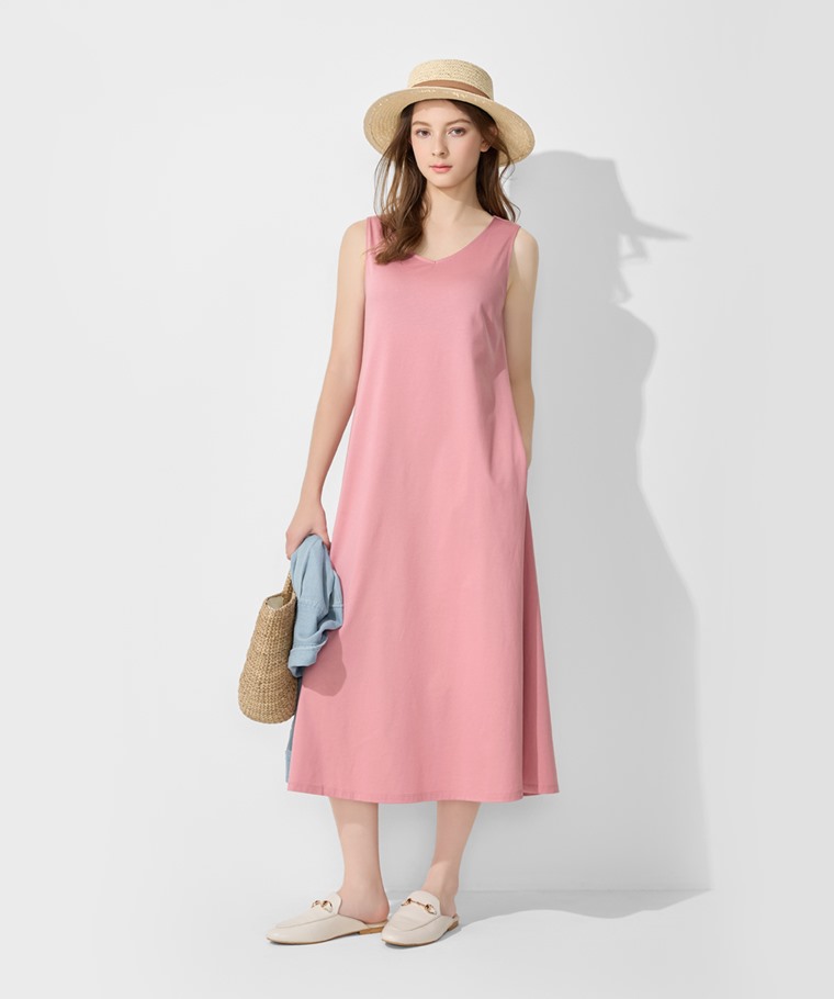 絲光棉寬鬆V領長洋裝-女