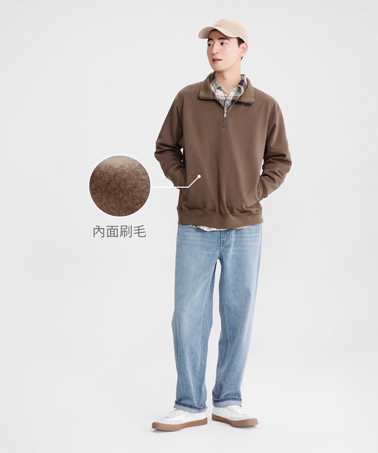 刷毛半開襟寬版上衣-男