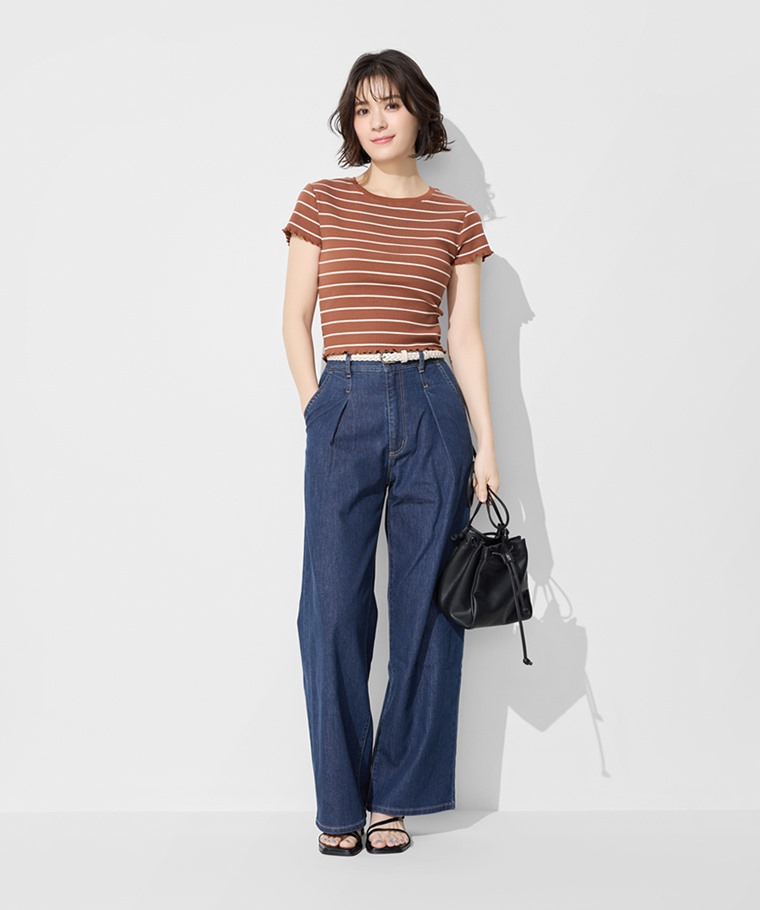 羅紋條紋木耳邊短版T恤-女