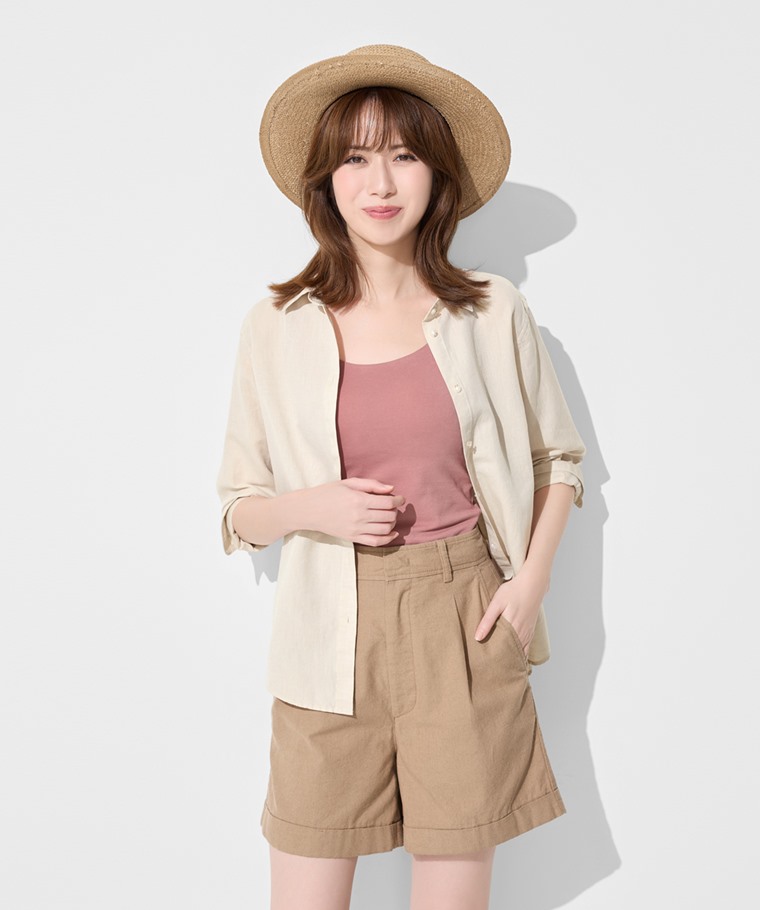 棉麻打褶五分褲-女