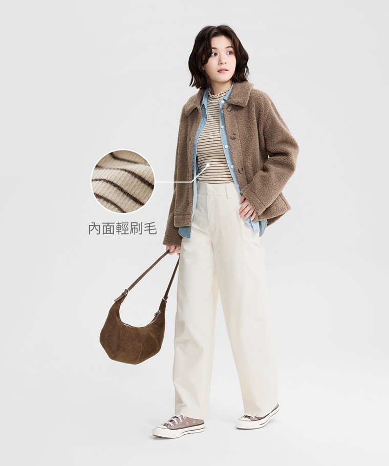 羅紋木耳邊條紋立領T恤-女