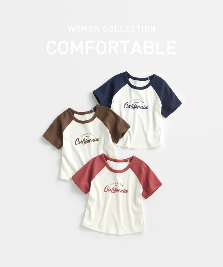 春季新品上市：女 · 羅紋拉克蘭袖文字印花短版T恤