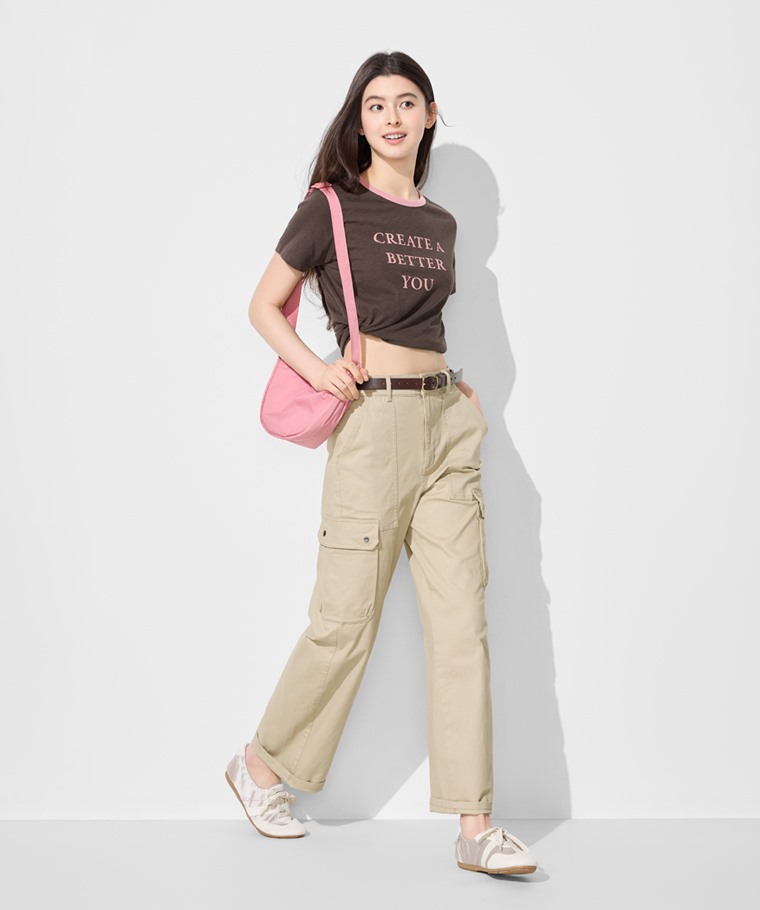 竹節棉配色文字T恤-女