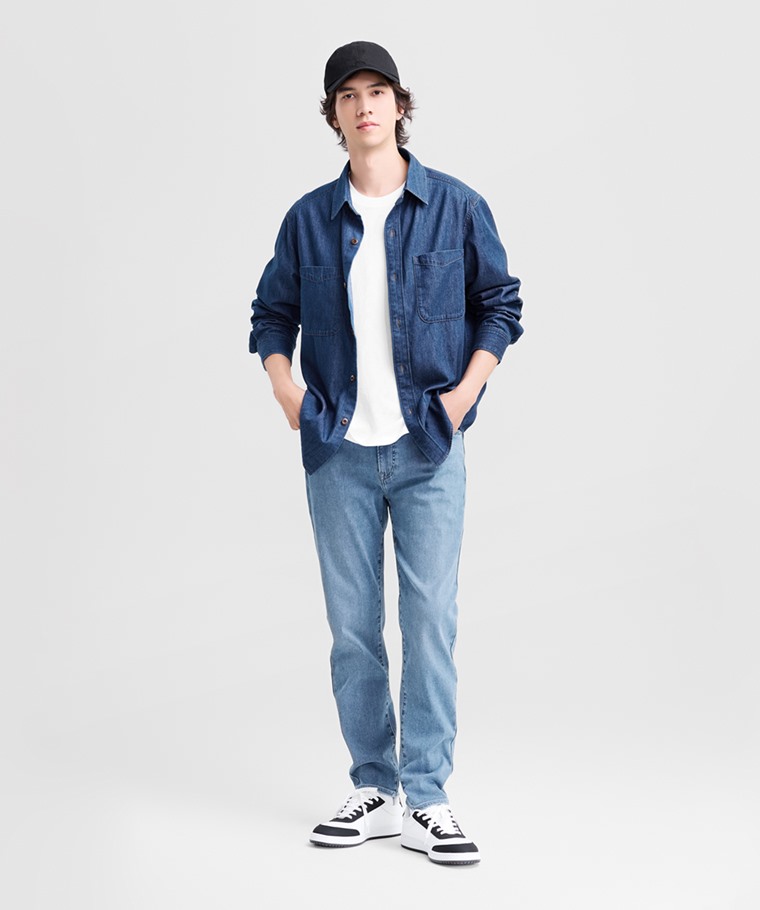牛仔寬版長袖襯衫-男