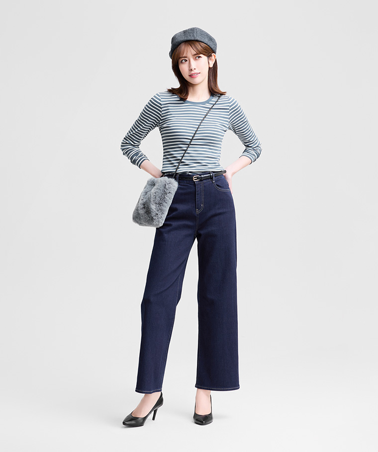 精選女裝系列：女 · 棉質羅紋條紋長袖T恤,女 · 高腰牛仔寬褲,女 · 細版皮帶