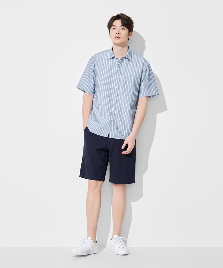 棉麻寬版條紋短袖襯衫-男