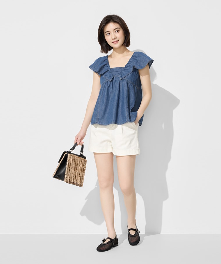 春夏女裝新品：女 · 荷葉造型牛仔上衣,女 · 多色牛仔短褲