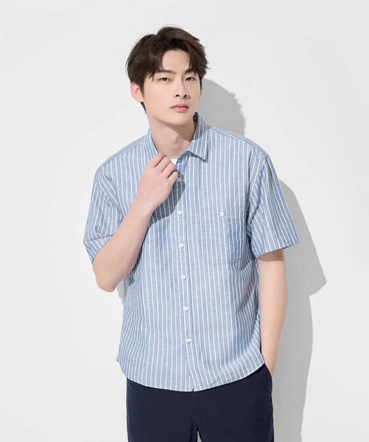 春夏男裝新品：男 · 棉麻寬版條紋短袖襯衫,男 · 棉麻短褲,男 · 純棉背心