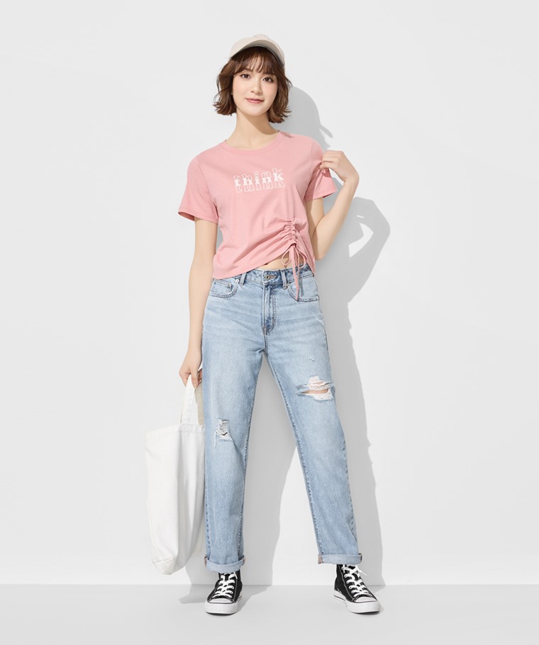 柔滑棉文字印花抽繩上衣-女