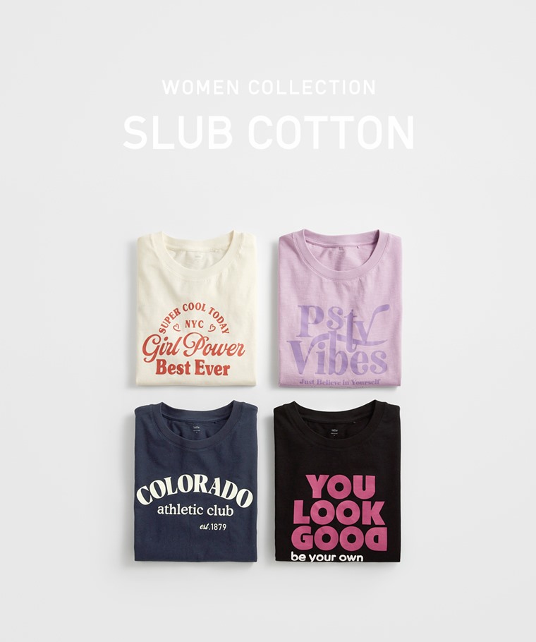 竹節棉落肩寬版文字T恤-女