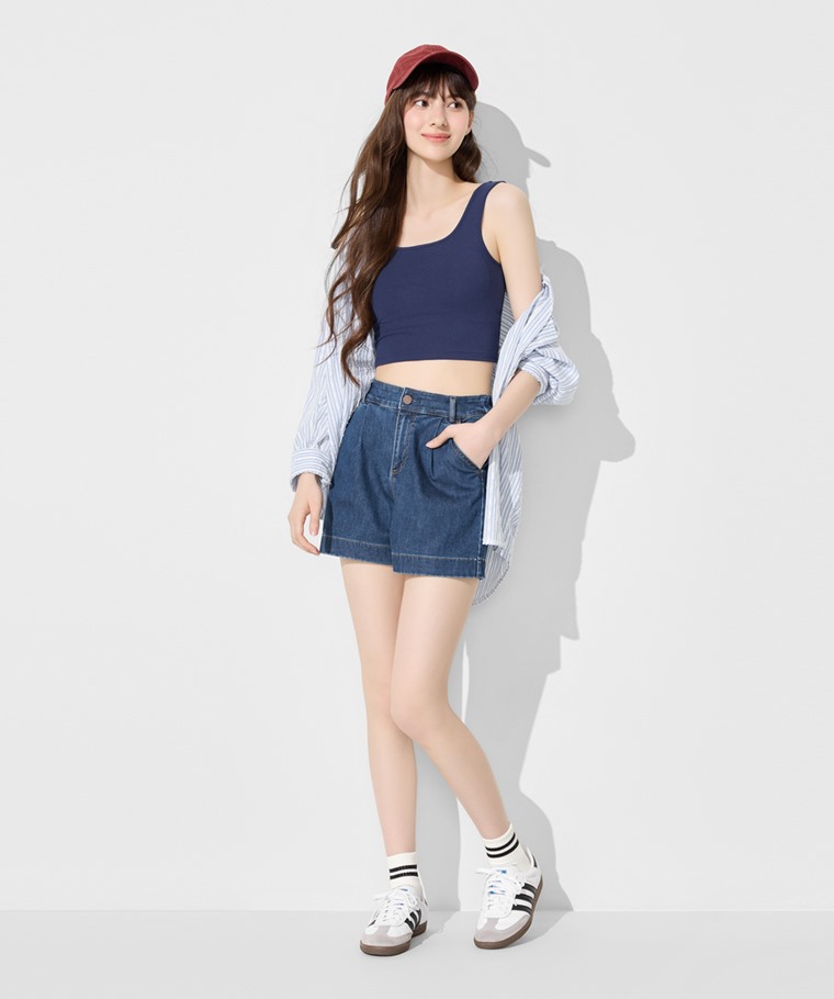 春夏女裝新品：女 · Bra美背方領背心,女 · 打褶牛仔短褲,女 · 羅紋配條中筒襪