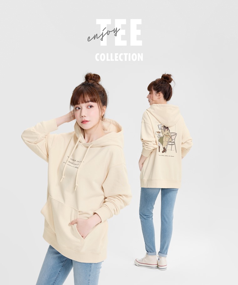 優雅時光毛圈寬長版印花連帽衫-女