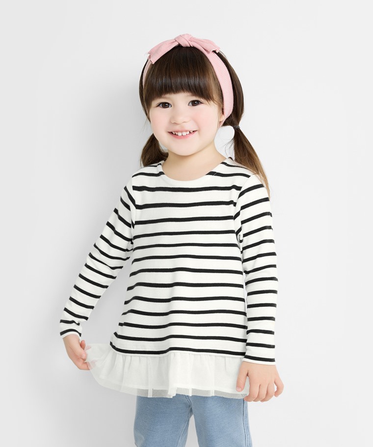 棉質羅紋條紋拼接上衣-童