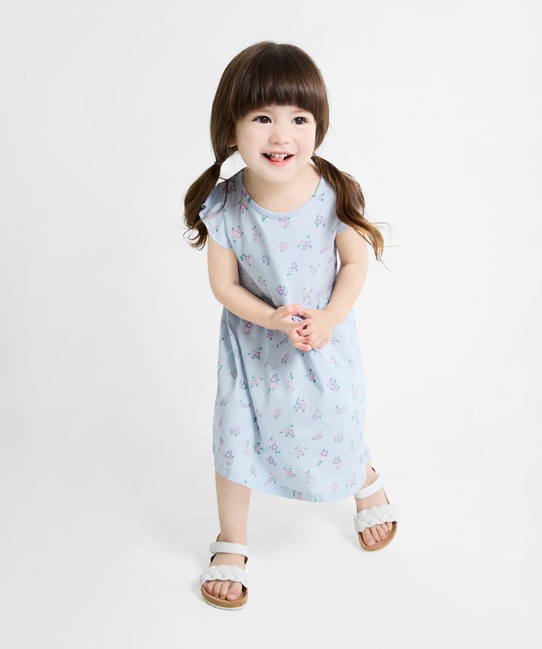 春夏童裝新品：童 · 竹節棉荷葉袖花卉洋裝