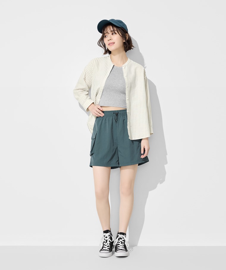 棉麻條紋七分袖襯衫-女