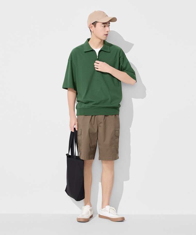 粗紡半開襟五分袖寬版上衣-男