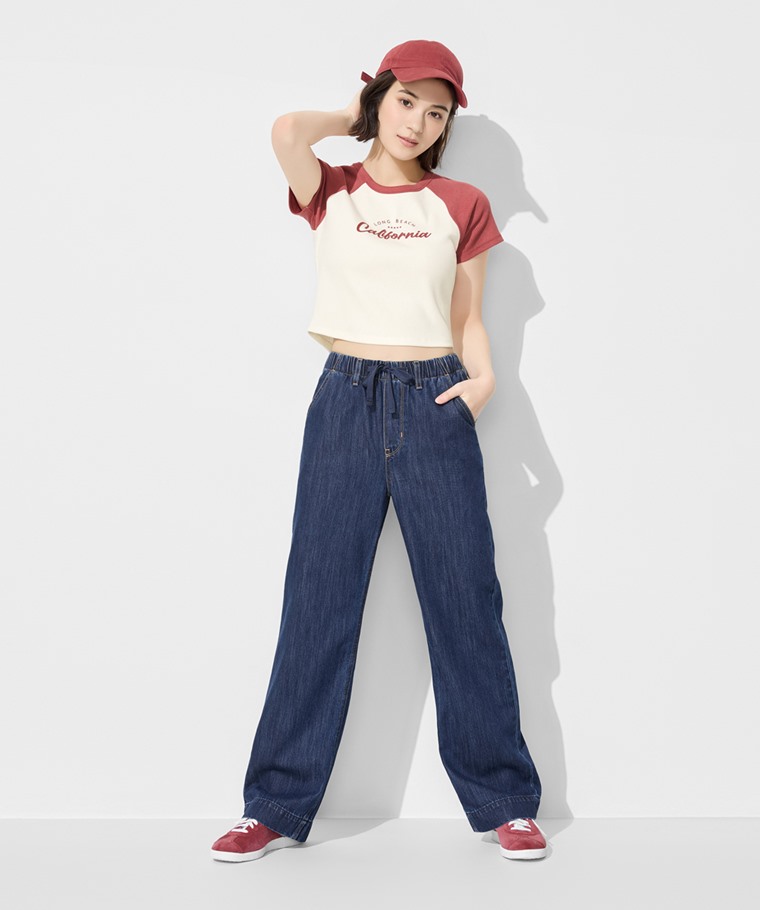 羅紋拉克蘭袖文字印花短版T恤-女