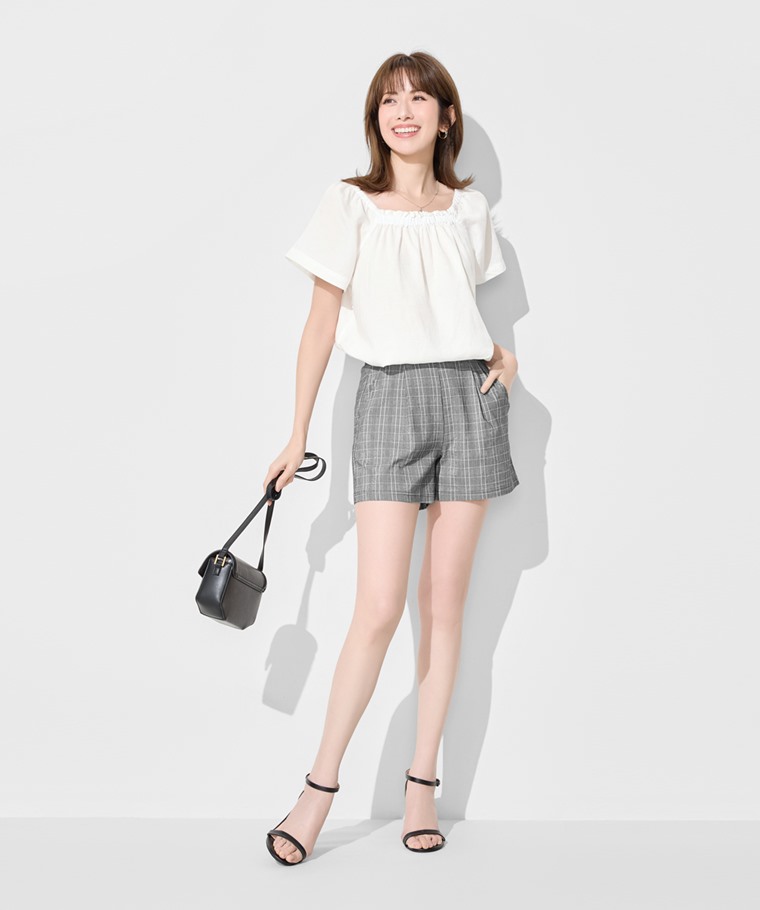 彈力格紋打褶短褲-女