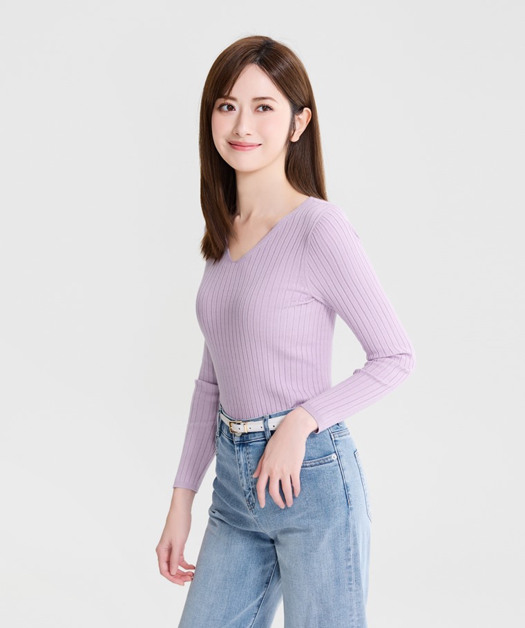 柔軟羅紋V領毛衣-女