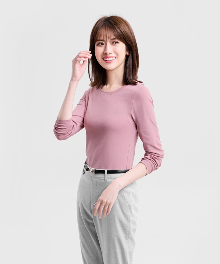 棉質羅紋圓領長袖T恤-女