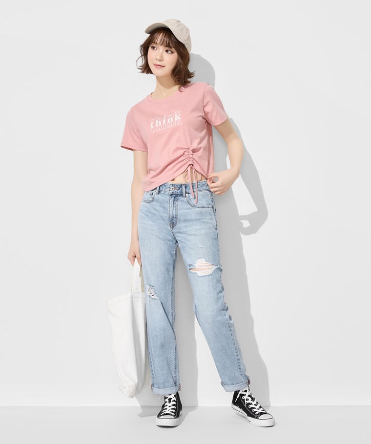 柔滑棉文字印花抽繩上衣-女