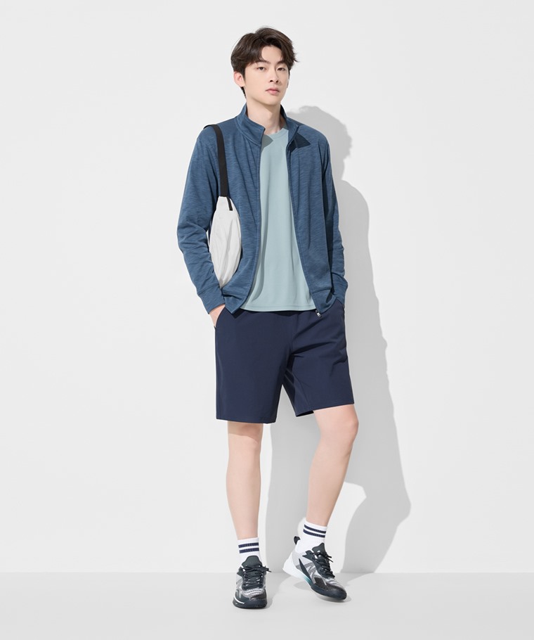 運動精選系列：男 · 快乾棉抗UV立領外套,男 · 吸排圓領T恤,男 · 快乾鬆緊短褲,男 · 毛圈羅紋配條中筒襪