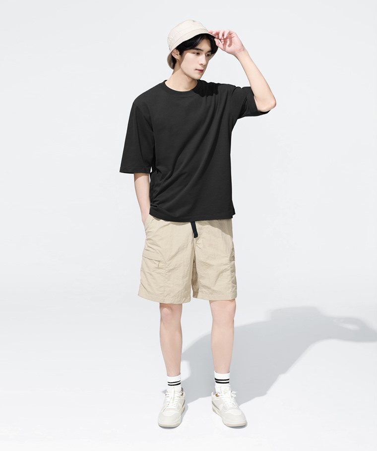 磨毛柔棉寬版五分袖T恤-男