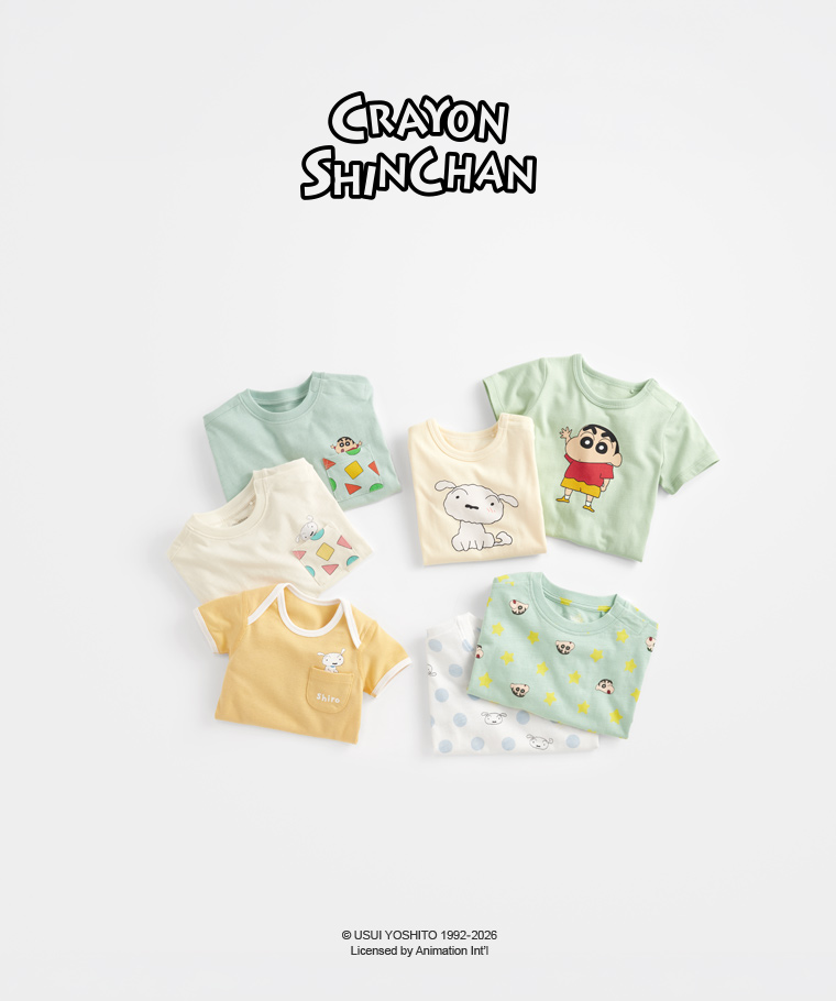 春夏嬰幼兒新品：Baby · 蠟筆小新竹節棉印花T恤,Baby · 蠟筆小新純棉印花連身衣,Baby · 蠟筆小新竹節棉口袋印花T恤,Baby · 蠟筆小新純棉羅紋包臀衣