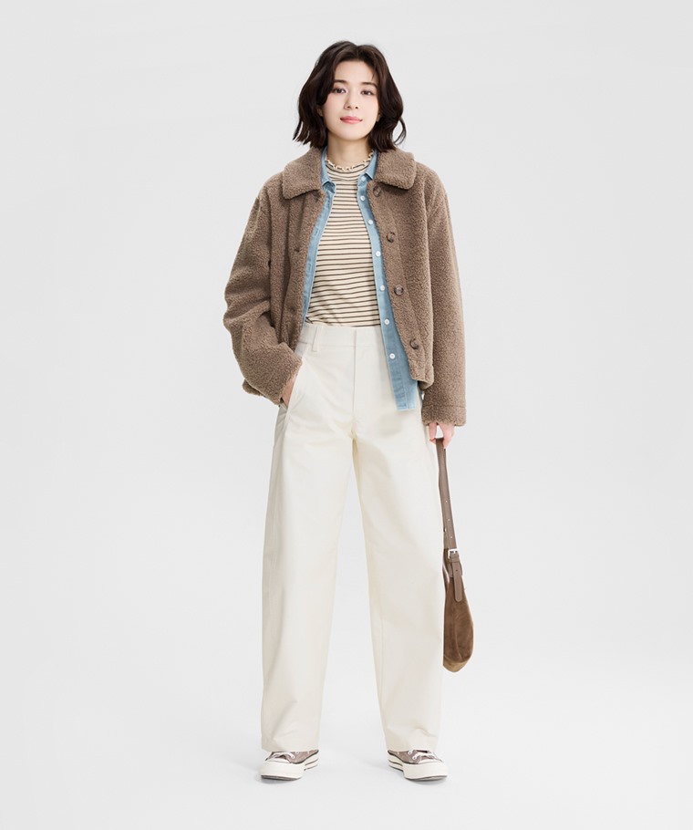 羅紋木耳邊條紋立領T恤-女