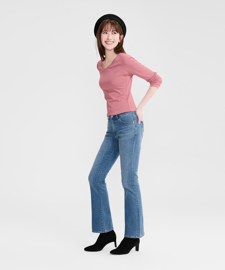 棉質羅紋V領長袖T恤-女