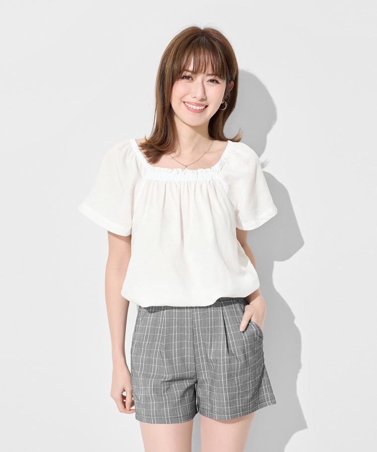 彈力格紋打褶短褲-女